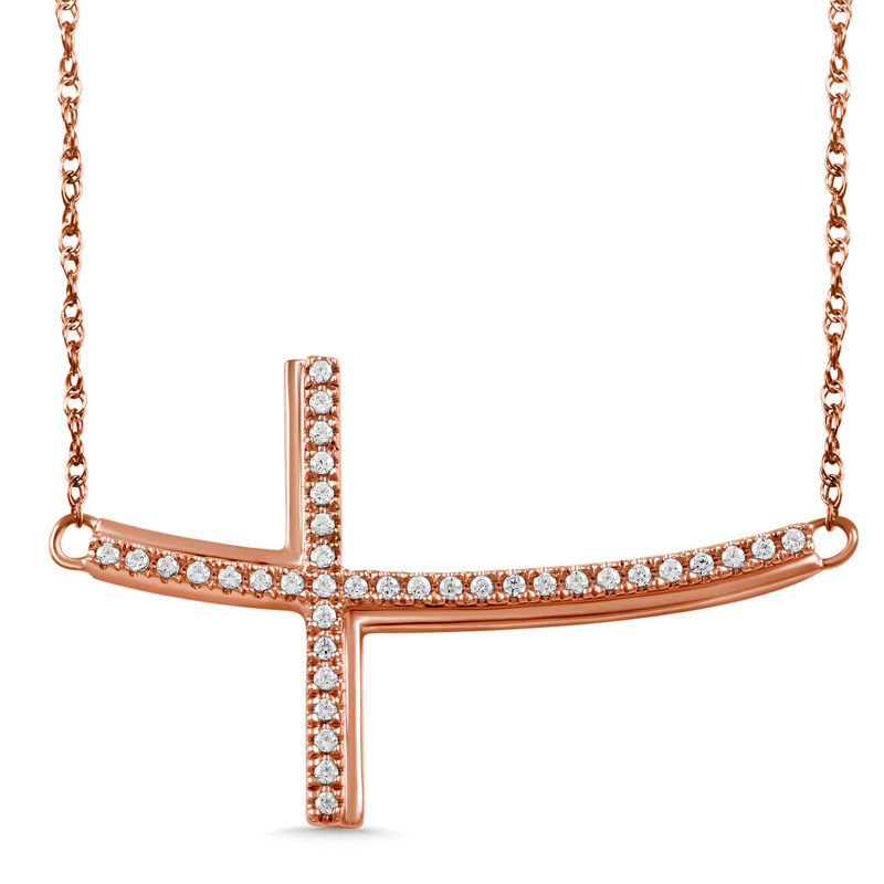 1/10 CT. T.W. Diamond Curved Sideways Cross Necklace in 10K Rose Gold