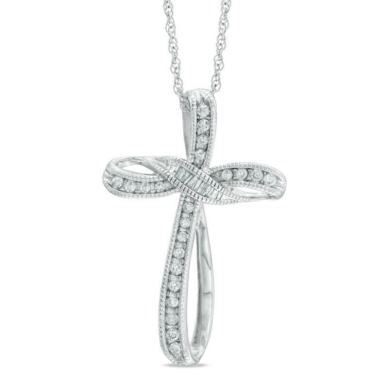 Main Image 1 of 1/6 CT. T.W. Diamond Vintage-Style Looped Cross Pendant in 10K White Gold