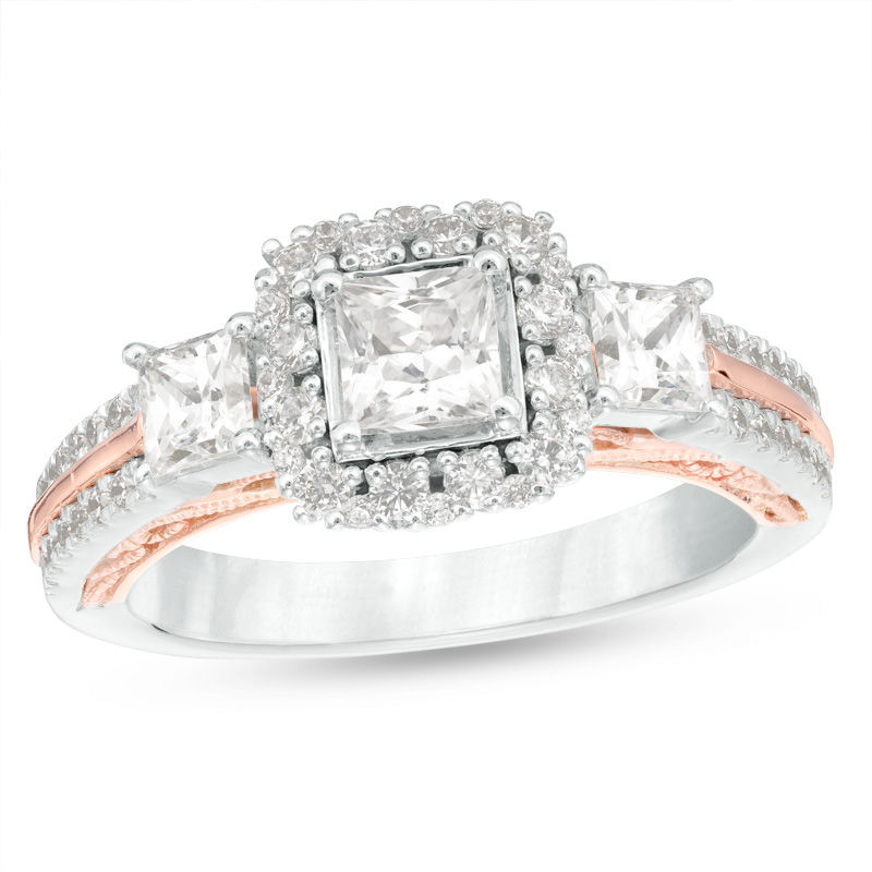 Main Image 1 of Celebration Ideal 1-1/2 CT. T.W. Princess-Cut Certified Diamond Three Stone Frame Engagement Ring in 14K Two-Tone Gold (I/I1)