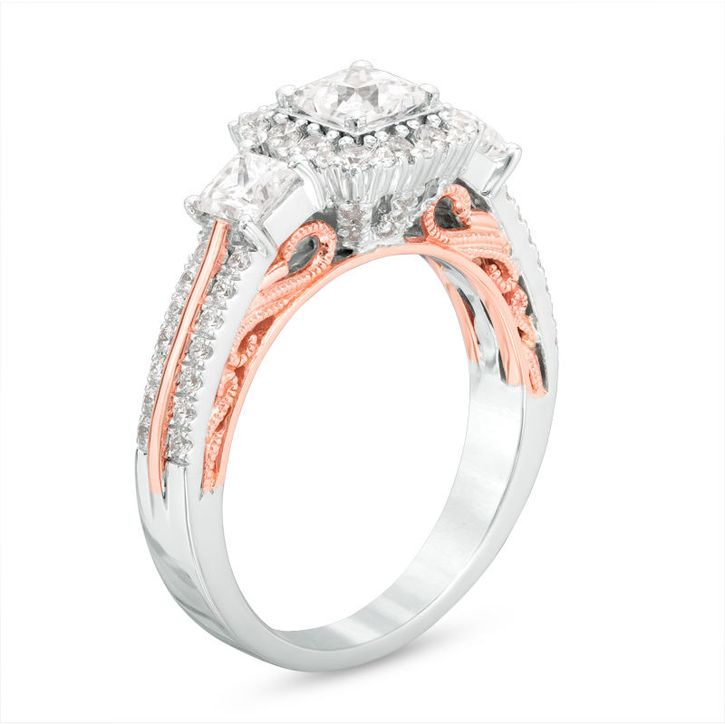 Main Image 2 of Celebration Ideal 1-1/2 CT. T.W. Princess-Cut Certified Diamond Three Stone Frame Engagement Ring in 14K Two-Tone Gold (I/I1)