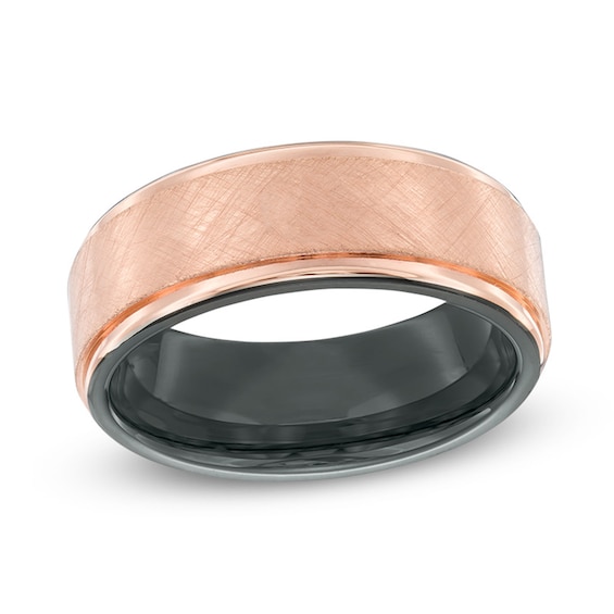 8.0mm Brushed and Polished Wedding Band in Rose and Black IP Stainless Steel - Size 10