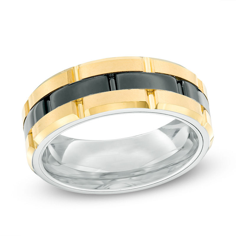 Men's 8.0mm Brick Pattern Wedding Band in Yellow and Black IP Stainless Steel - Size 10