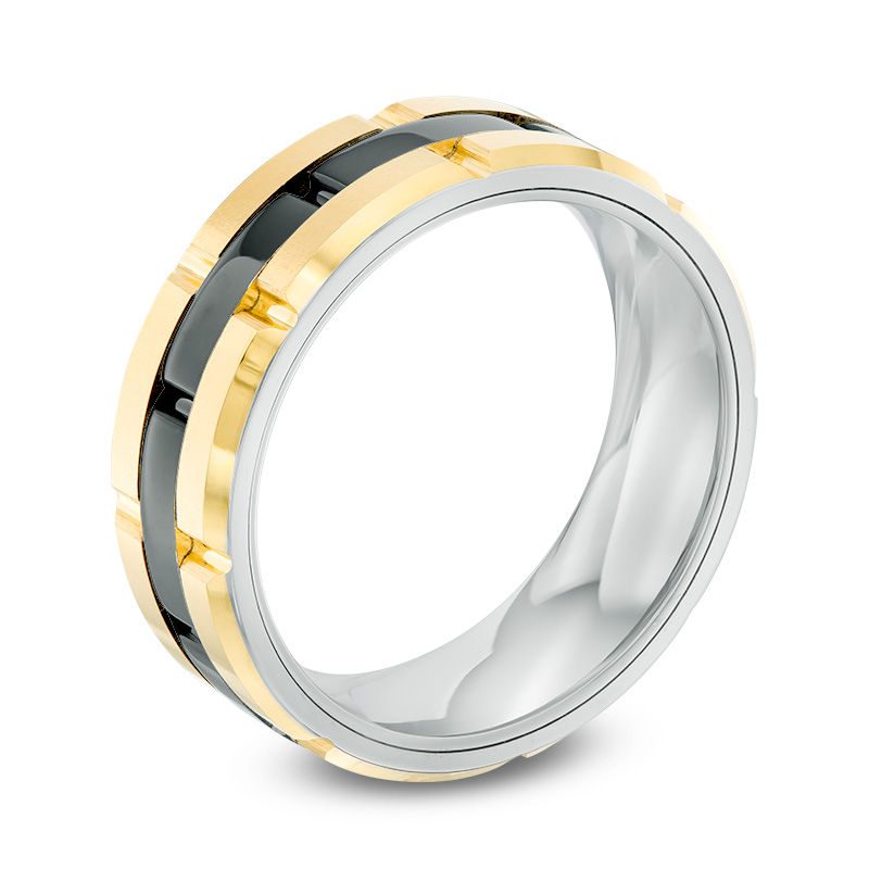 Men's 8.0mm Brick Pattern Wedding Band in Yellow and Black IP Stainless Steel - Size 10
