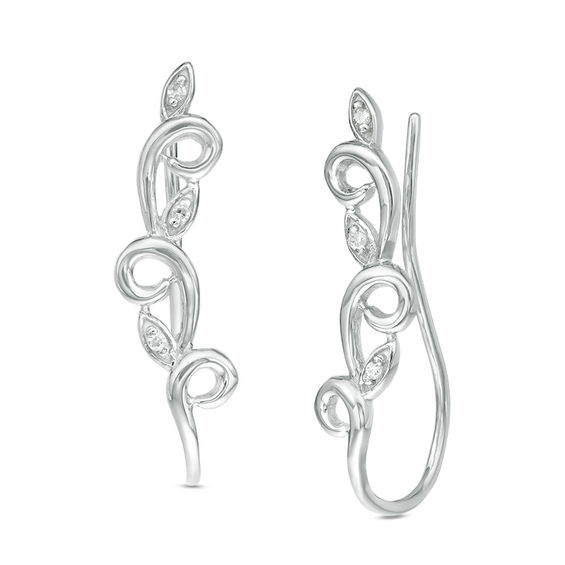 Diamond Accent Filigree Leaf Crawler Earrings in Sterling Silver