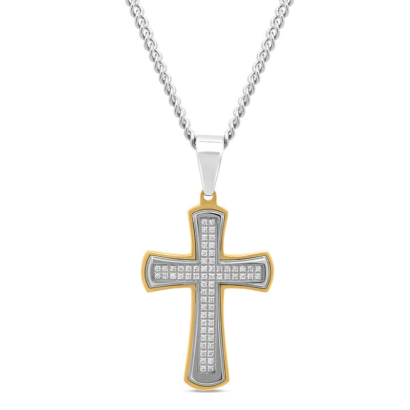 Main Image 1 of Men's 1/2 CT. T.W. Diamond Double Row Cross Pendant in Two-Tone Stainless Steel - 24"
