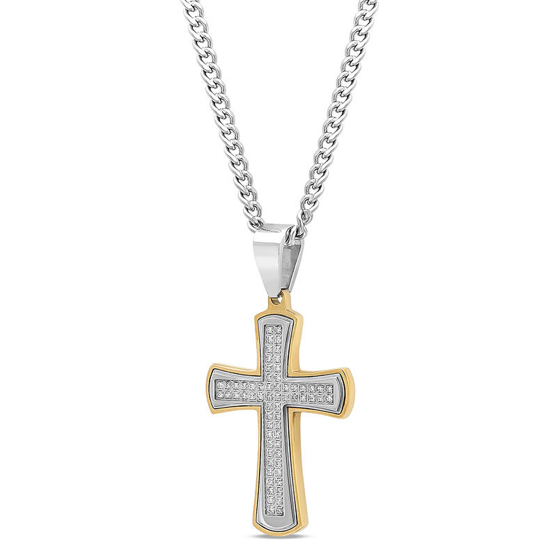Main Image 2 of Men's 1/2 CT. T.W. Diamond Double Row Cross Pendant in Two-Tone Stainless Steel - 24"