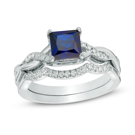 6.0mm Princess-Cut Lab-Created Blue Sapphire and 1/8 CT. T.w. Diamond Twist Shank Bridal Set in Sterling Silver