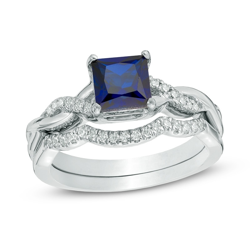 Main Image 1 of 6.0mm Princess-Cut Lab-Created Blue Sapphire and 1/8 CT. T.W. Diamond Twist Shank Bridal Set in Sterling Silver