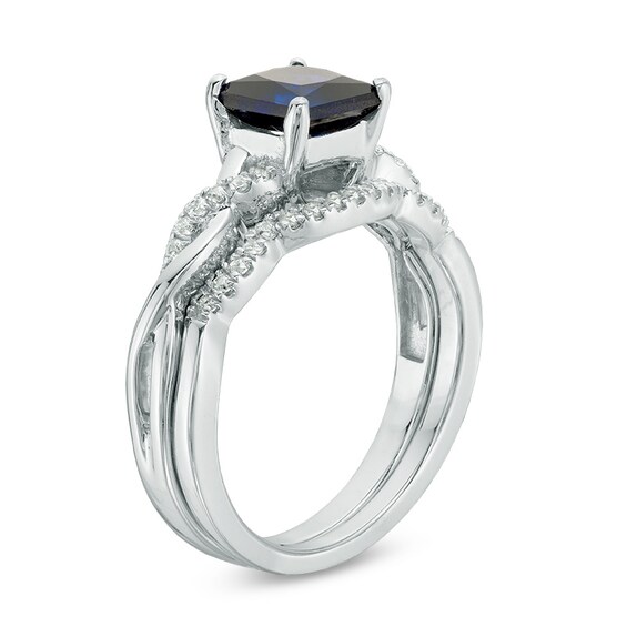 6.0mm Princess-Cut Lab-Created Blue Sapphire and 1/8 CT. T.w. Diamond Twist Shank Bridal Set in Sterling Silver