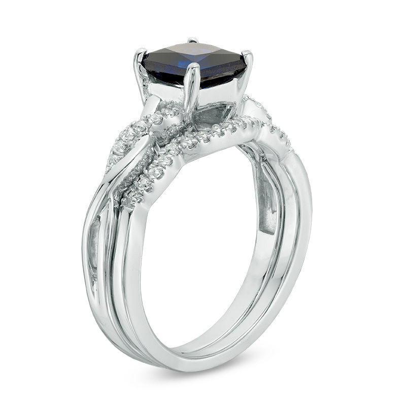 6.0mm Princess-Cut Lab-Created Blue Sapphire and 1/8 CT. T.W. Diamond Twist Shank Bridal Set in Sterling Silver