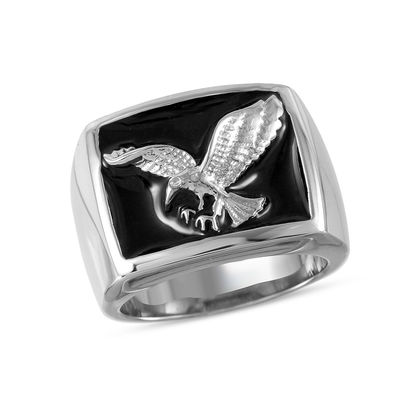 Men's Silver Tone Stainless Steel USA Eagle Genuine Black Agate Ring Size 8-13 