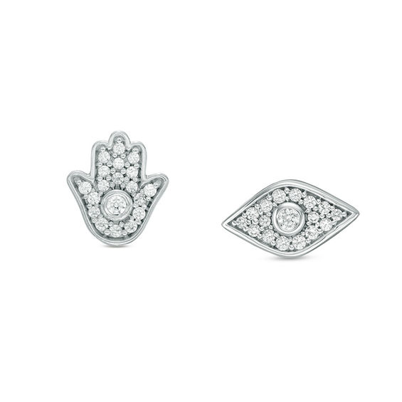 1/6 CT. T.w. Diamond Hamsa and Evil Eye Mismatch Stud Earrings in Sterling Silver