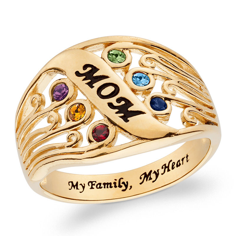 Main Image 1 of Mother's Simulated Birthstone Multi-Row Scrollwork Ring in Sterling Silver with 18K Gold Plate (1-6 Stones)