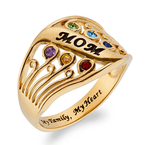 Mother's Simulated Birthstone Multi-Row Scrollwork Ring in Sterling Silver with 18K Gold Plate (1-6 Stones)