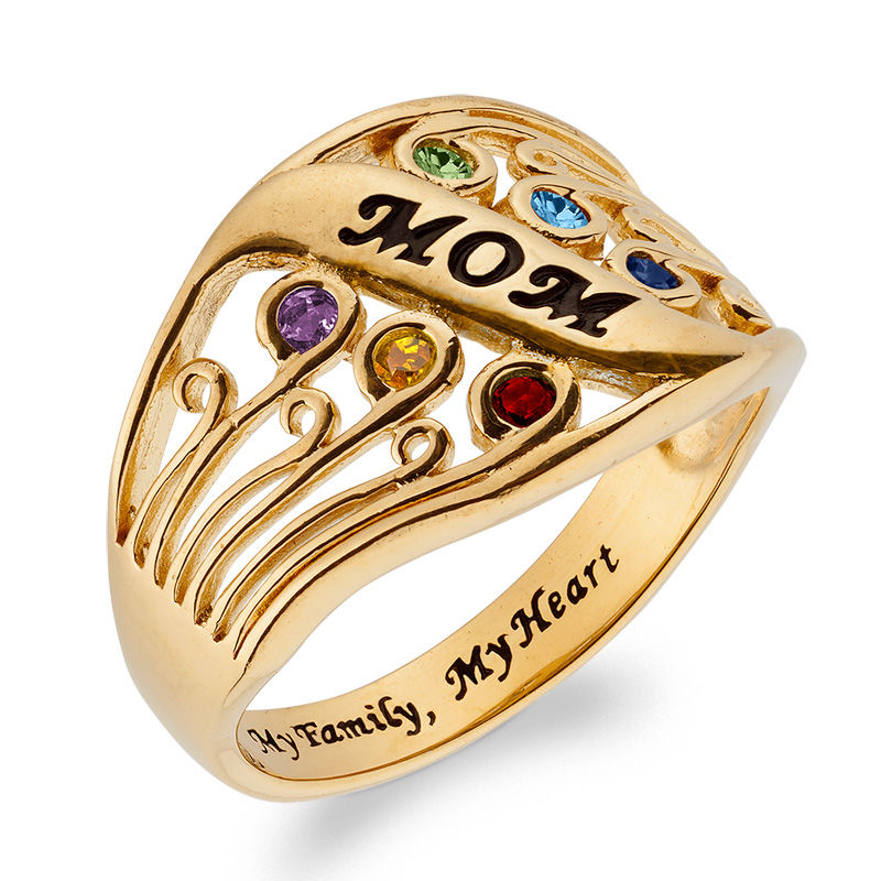 Main Image 2 of Mother's Simulated Birthstone Multi-Row Scrollwork Ring in Sterling Silver with 18K Gold Plate (1-6 Stones)