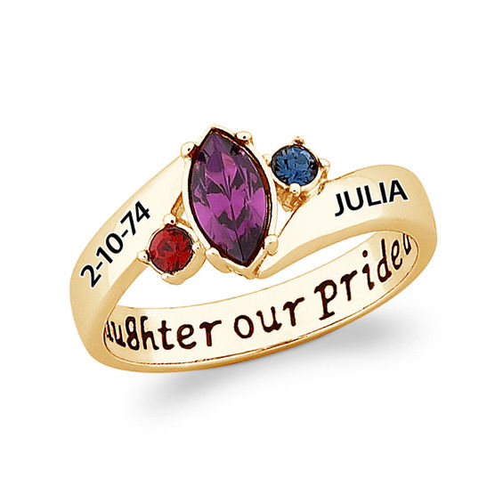 Marquise Simulated Birthstone Bypass Daughter Ring in Sterling Silver with 18K Gold Plate (3 Stones and 2 Lines)