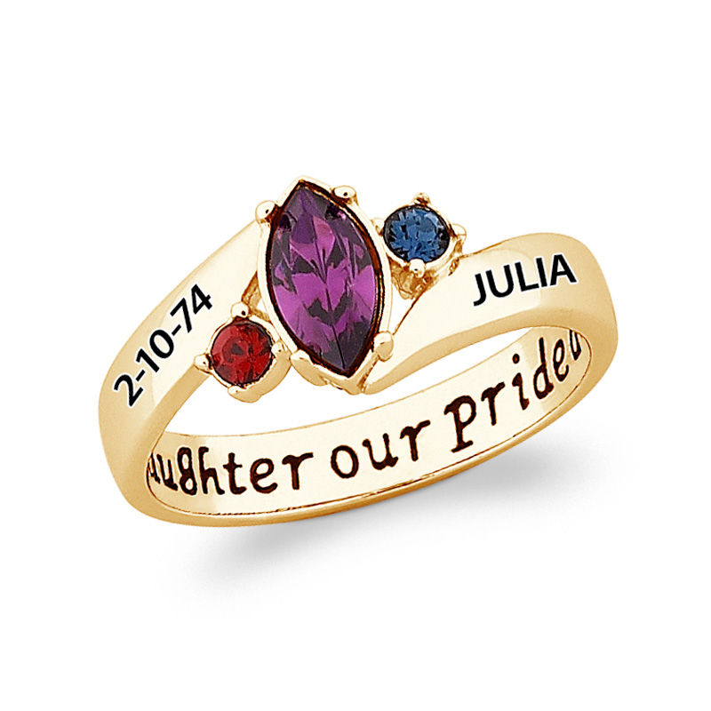 Main Image 1 of Marquise Simulated Birthstone Bypass Daughter Ring in Sterling Silver with 18K Gold Plate (3 Stones and 2 Lines)