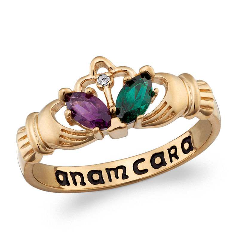 Main Image 1 of Couple's Marquise Birthstone and Diamond Accent Claddagh Ring in Sterling Silver with 18K Gold Plate (2 Stones)