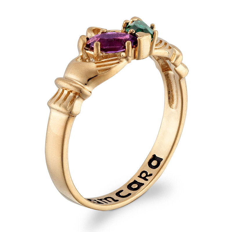 Main Image 2 of Couple's Marquise Birthstone and Diamond Accent Claddagh Ring in Sterling Silver with 18K Gold Plate (2 Stones)