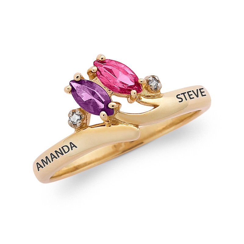 Main Image 1 of Couple's Simulated Birthstone and Diamond Accent Ring in Sterling Silver with 18K Gold Plate (2 Stones and Names)