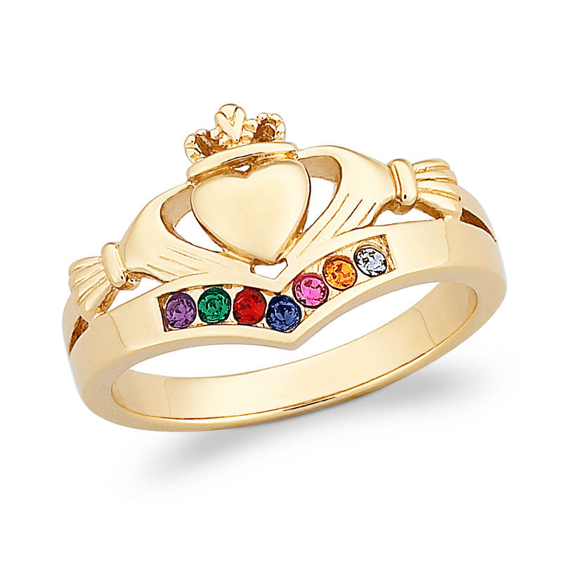 Main Image 1 of Mother's Simulated Birthstone Claddagh Ring in Sterling Silver with 18K Gold Plate (1-7 Stones)
