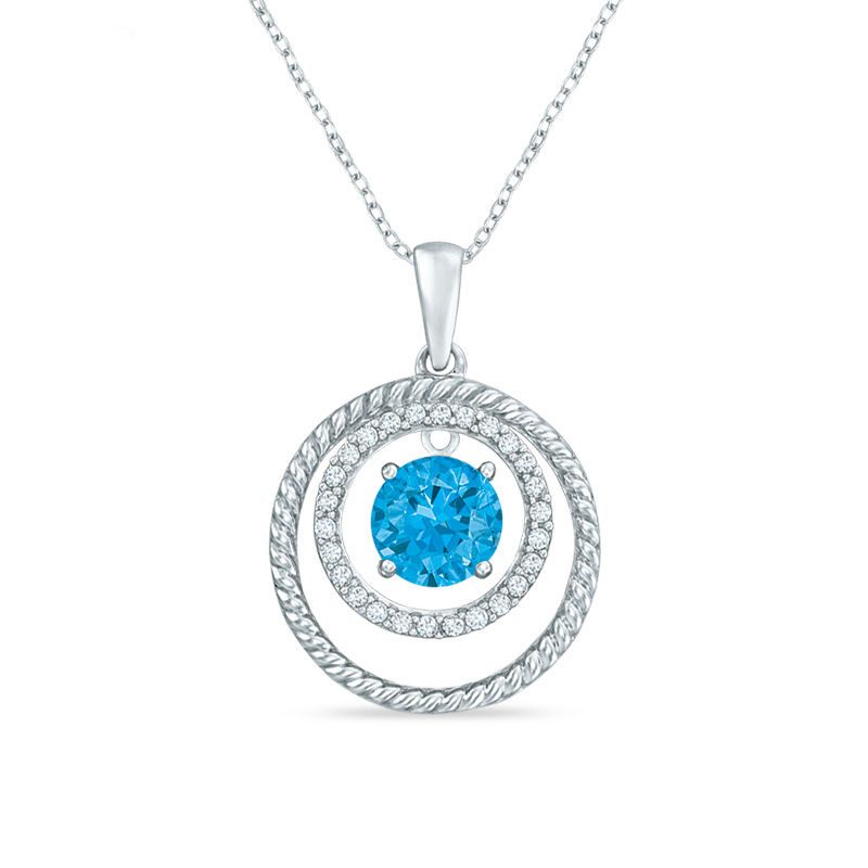 6.0mm Swiss Blue Topaz and Lab-Created White Sapphire Double Circle Pendant in Sterling Silver