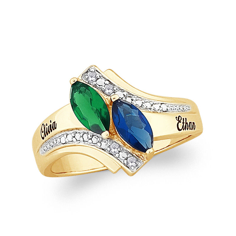 Main Image 1 of Couple's Simulated Birthstone and Diamond Accent Bypass Ring in Sterling Silver with 18K Gold Plate (2 Stones and Names)