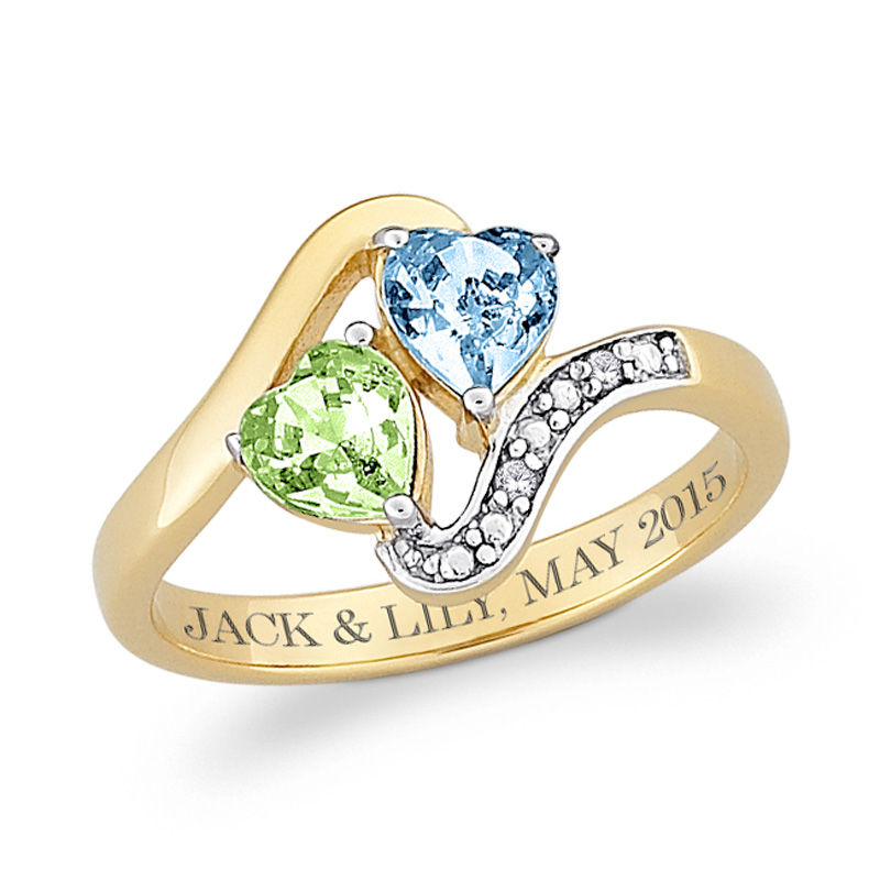 Main Image 1 of Couple's Simulated Birthstone and Diamond Accent Ring in Sterling Silver with 18K Gold Plate (2 Stones and 1 Line)