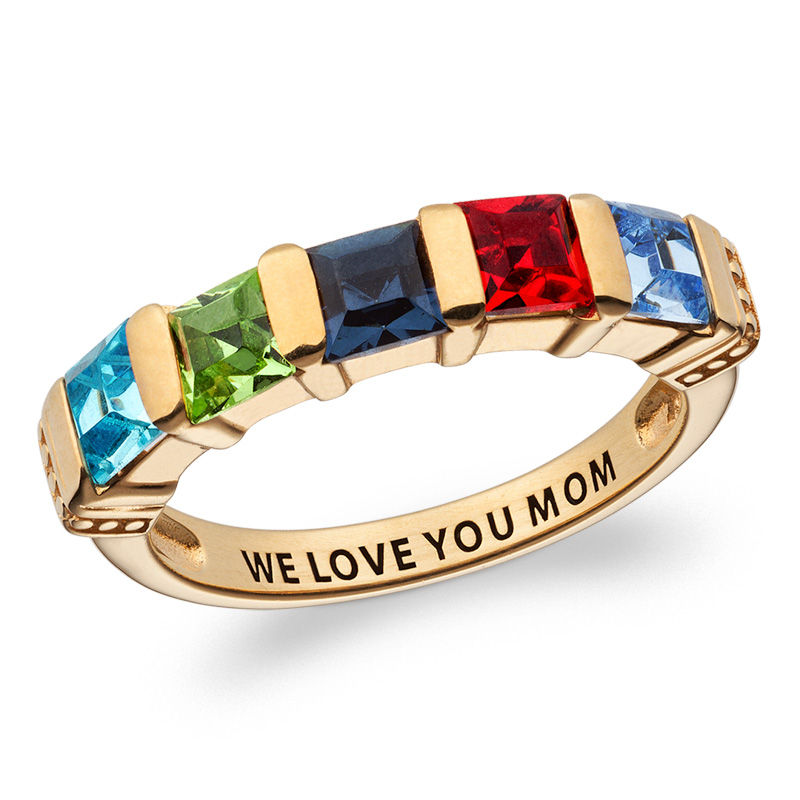 Main Image 1 of Mother's Channel-Set Princess-Cut Simulated Birthstone Collar Ring in Sterling Silver with 18K Gold Plate (5 Stones and 1 Line)