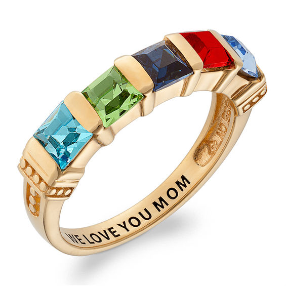 Mother's Channel-Set Princess-Cut Simulated Birthstone Collar Ring in Sterling Silver with 18K Gold Plate (5 Stones and 1 Line)