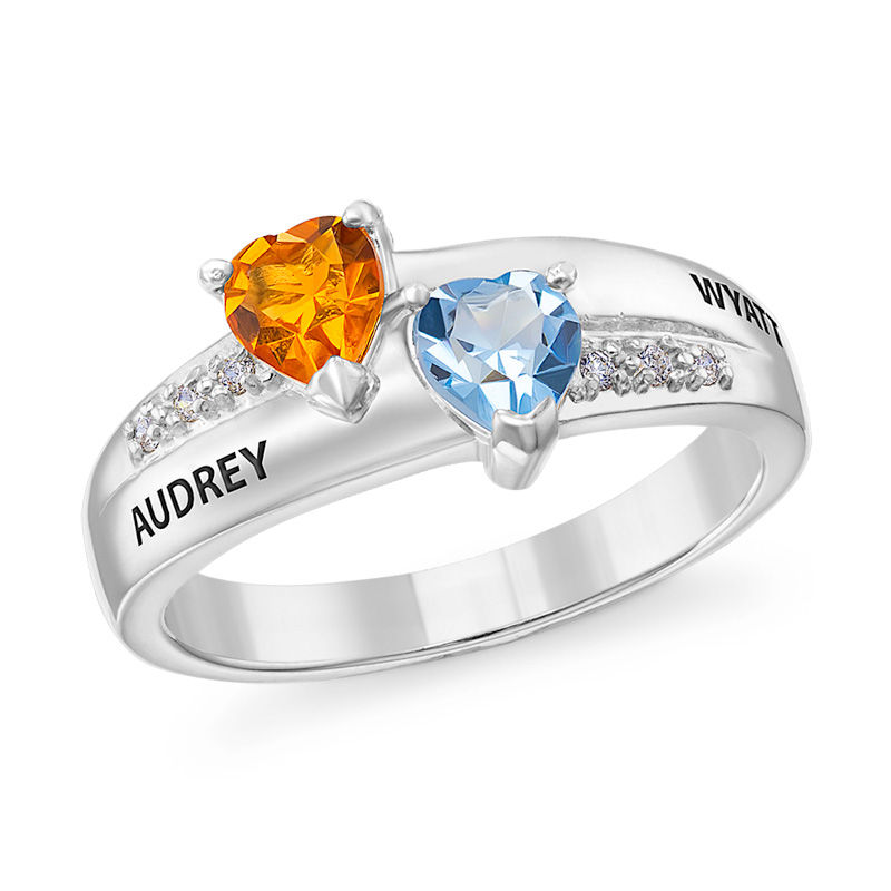 Couple's Heart-Shaped Simulated Birthstone and Cubic Zirconia Promise Ring in Sterling Silver (2 Stones and Names)