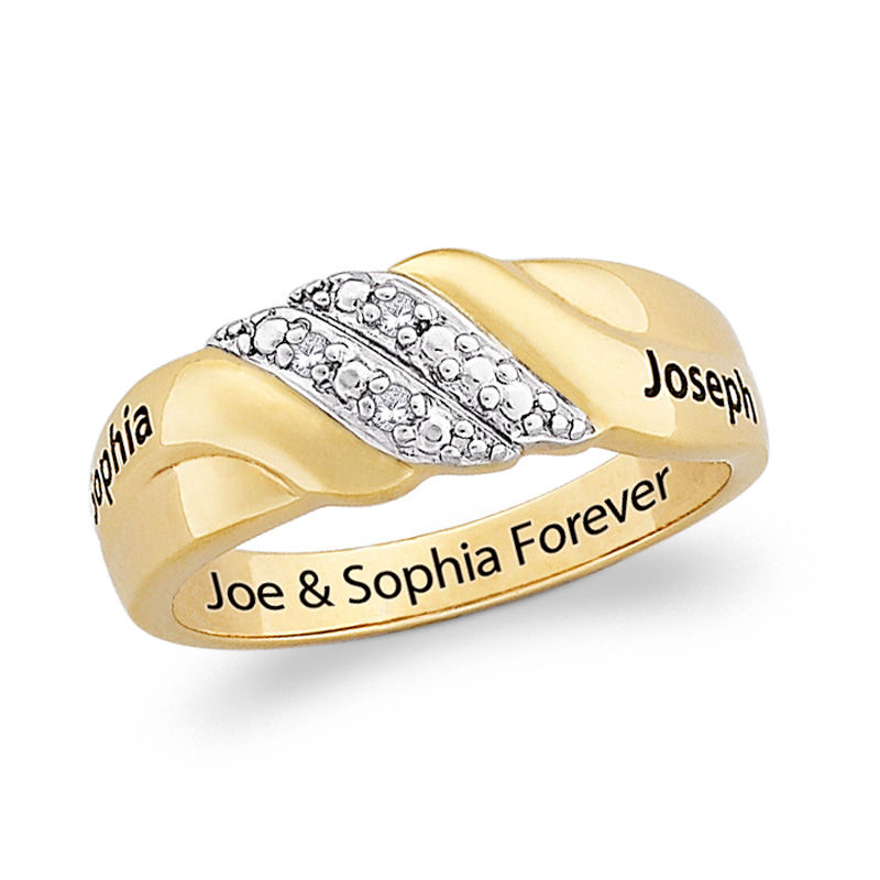 Main Image 1 of Couple's Diamond Accent Double Wave Engravable Wedding Band in Sterling Silver with 18K Gold Plate (3 Lines)