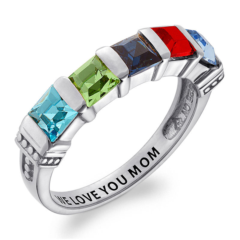 Main Image 2 of Mother's Channel-Set Princess-Cut Simulated Birthstone Collar Ring in Sterling Silver (5 Stones and 1 Line)