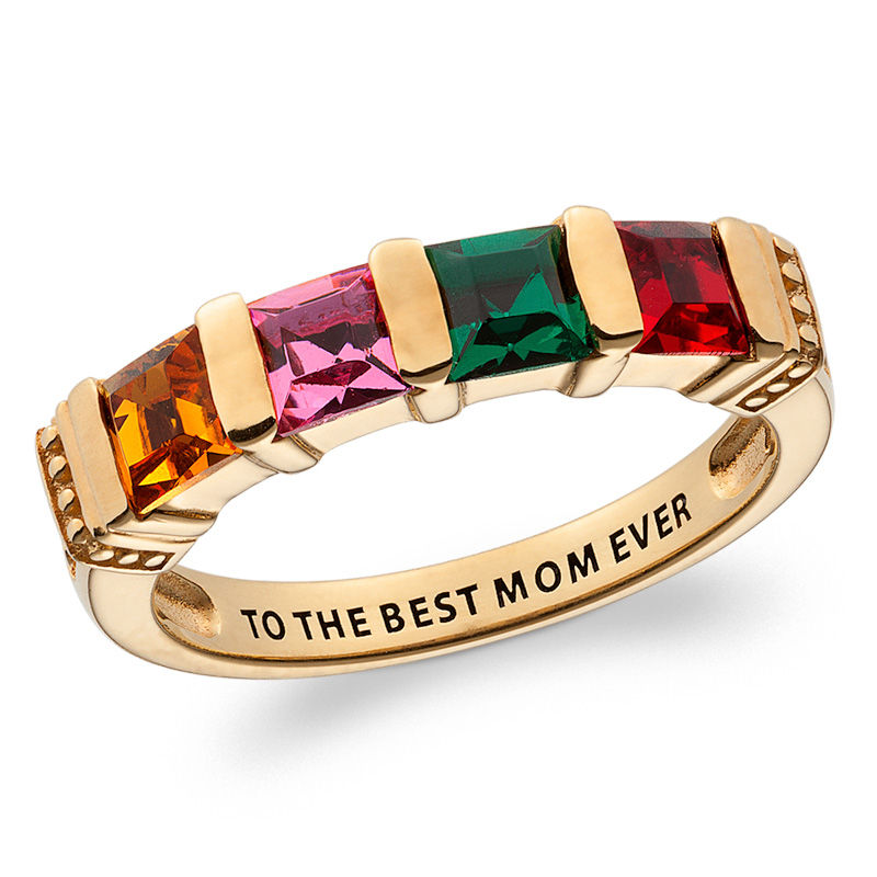 Main Image 1 of Mother's Channel-Set Princess-Cut Simulated Birthstone Collar Ring in Sterling Silver with 18K Gold Plate (4 Stones and 1 Line)