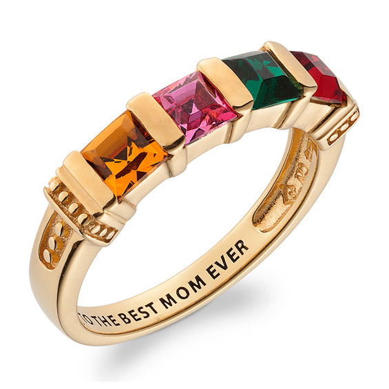 Mother's Channel-Set Princess-Cut Simulated Birthstone Collar Ring in Sterling Silver with 18K Gold Plate (4 Stones and 1 Line)