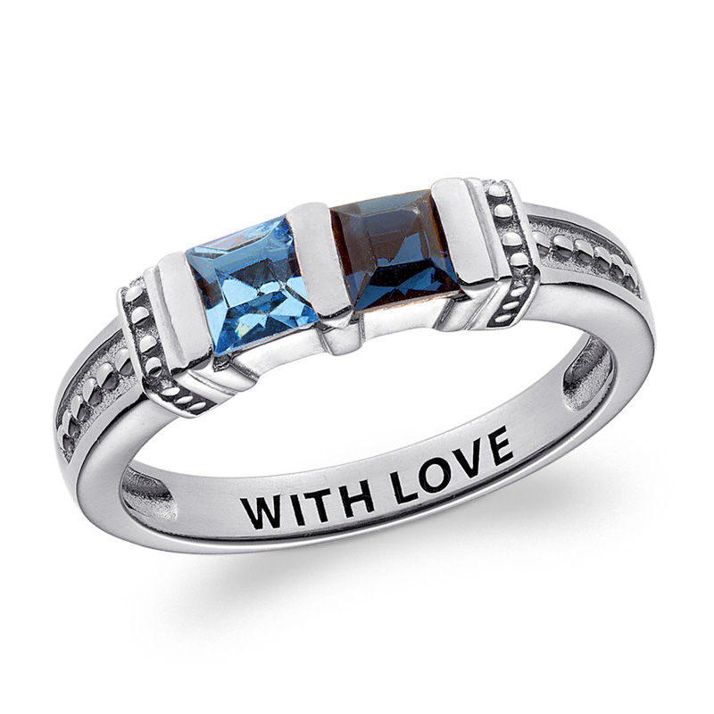 Main Image 1 of Couple's Channel-Set Princess-cut Simulated Birthstone Collar Ring in Sterling Silver (2 Stones and 1 Line)