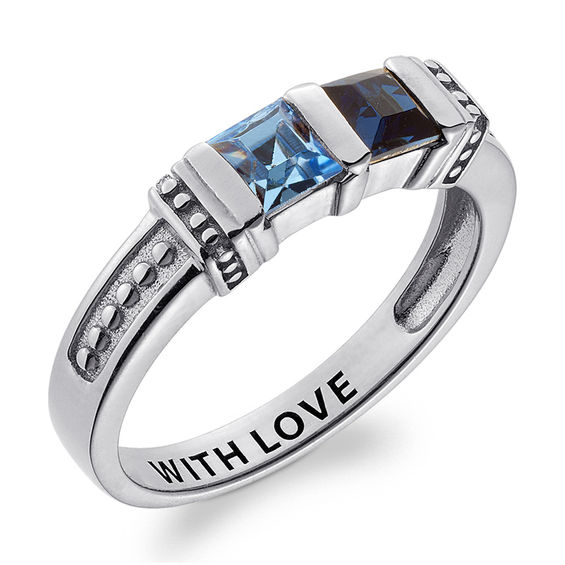 Couple's Channel-Set Princess-cut Simulated Birthstone Collar Ring in Sterling Silver (2 Stones and 1 Line)