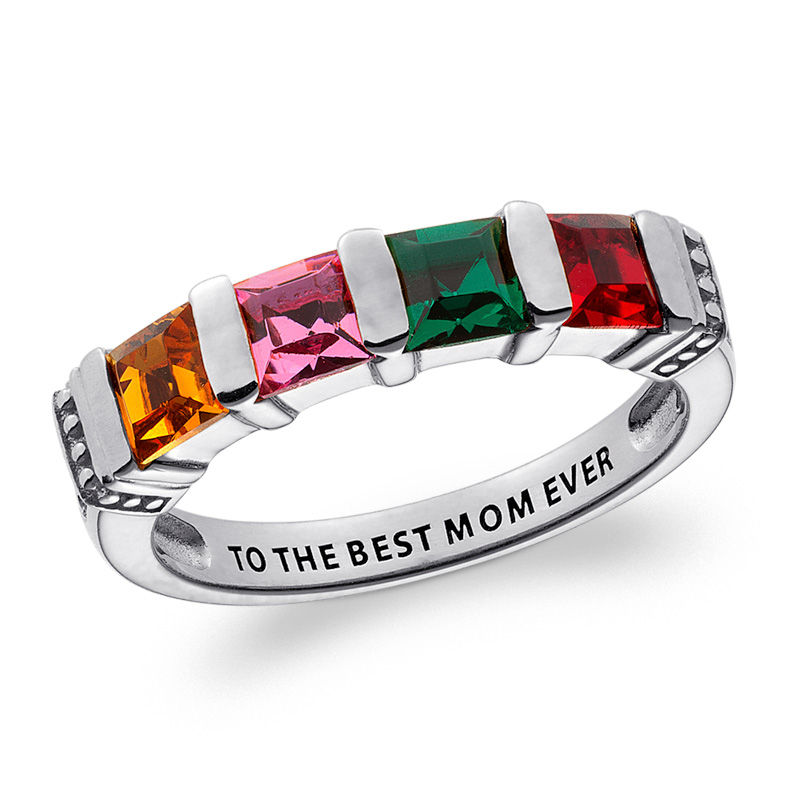 Main Image 1 of Mother's Channel-Set Princess-cut Simulated Birthstone Collar Ring in Sterling Silver (4 Stones and 1 Line)