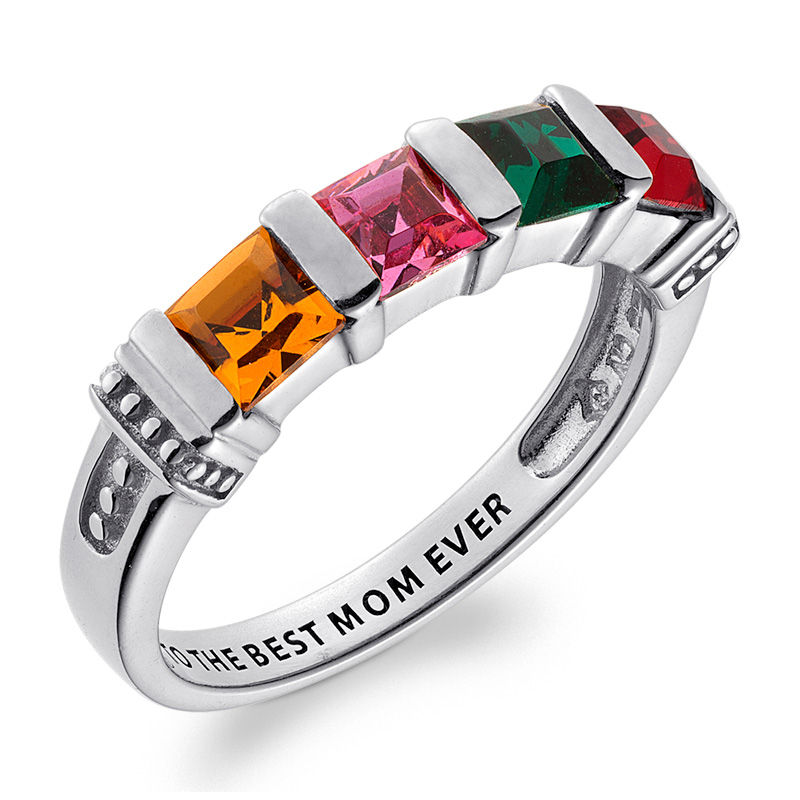 Main Image 2 of Mother's Channel-Set Princess-cut Simulated Birthstone Collar Ring in Sterling Silver (4 Stones and 1 Line)