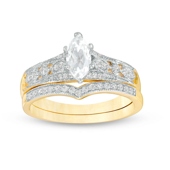 Marquise Lab-Created White Sapphire and 1/8 CT. T.W. Diamond Vintage-Style Bridal Set in 10K Gold Marquise Lab-Created White Sapphire and 1/8 CT. T.W. Diamond Vintage-Style Bridal Set in 10K Gold