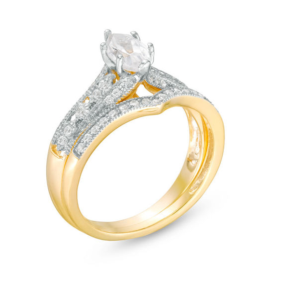Marquise Lab-Created White Sapphire and 1/8 CT. T.W. Diamond Vintage-Style Bridal Set in 10K Gold Marquise Lab-Created White Sapphire and 1/8 CT. T.W. Diamond Vintage-Style Bridal Set in 10K Gold