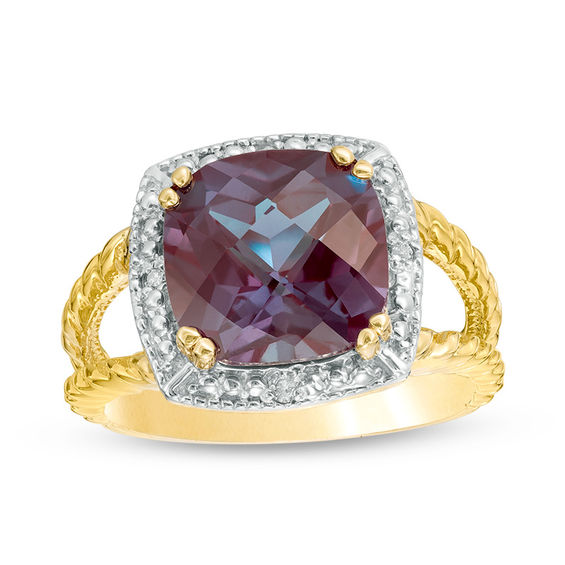 10.0mm Cushion-Cut Lab-Created Alexandrite and Diamond Accent Frame Split Shank Rope Ring in 10K Gold
