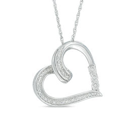 Diamond Accent Tilted Ribbon Heart Pendant in Sterling Silver