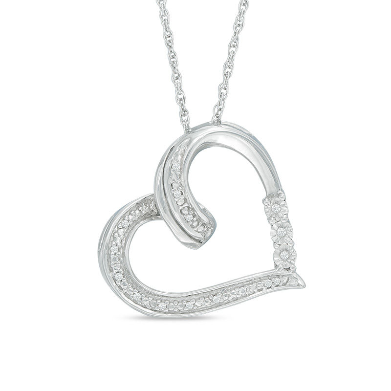 Main Image 1 of Diamond Accent Tilted Ribbon Heart Pendant in Sterling Silver