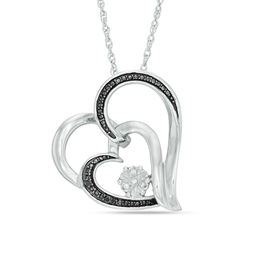 Enhanced Black and White Diamond Accent Tilted Double Heart Pendant in Sterling Silver