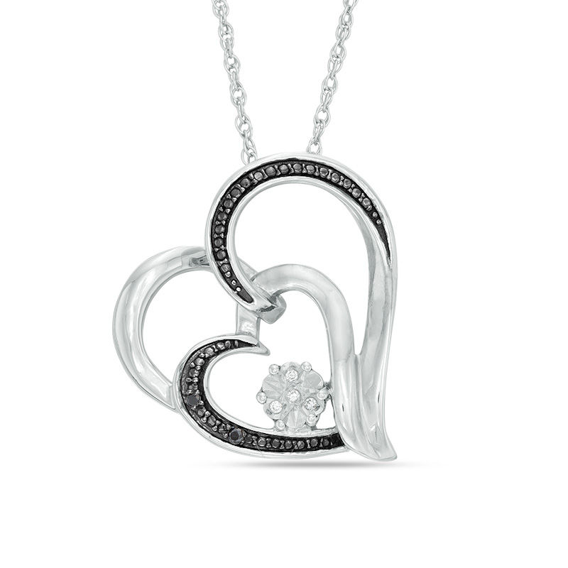 Main Image 1 of Enhanced Black and White Diamond Accent Tilted Double Heart Pendant in Sterling Silver