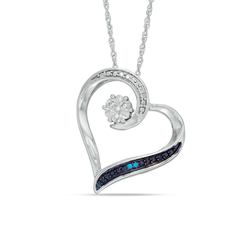 Enhanced Blue and White Diamond Accent Tilted Heart Pendant in Sterling Silver