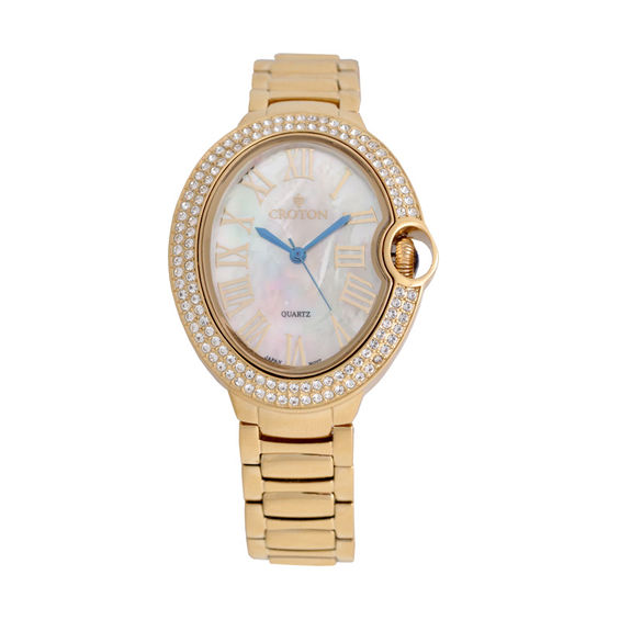 Ladies' Croton Crystal Accent Gold-Tone Watch with Oval Mother-of-Pearl ...