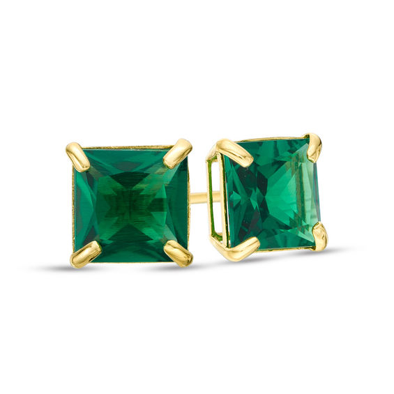 6.0mm Princess-Cut Lab-Created Emerald Solitaire Stud Earrings in 10K Gold
