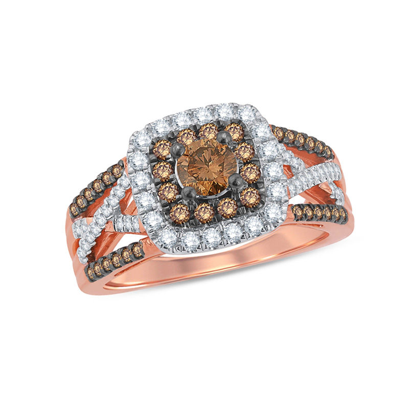 1 CT. T.W. Champagne and White Diamond Double Cushion Frame Split Shank Ring in 10K Rose Gold